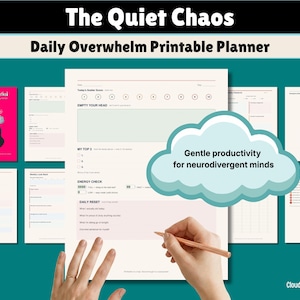 May include: A collection of printable planner pages with the title "The Quiet Chaos" and the tagline "Daily Overwhelm Printable Planner." The design includes a pink book cover and a cloud-shaped graphic with the text "Gentle productivity for neurodivergent minds."