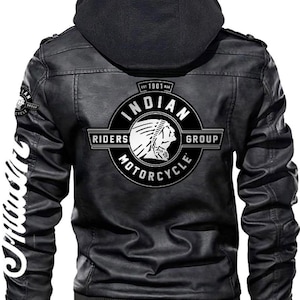 May include: Black leather motorcycle jacket with a hood. The back features a large circular logo with the text "Indian Motorcycle Riders Group" and an image of a Native American chief. The left sleeve has the word "Indian" in white.