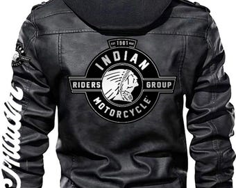 Herren Indian Black Motorradfahrer Mantel Echtes Rindsleder Leder Kapuzenjacke