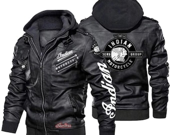 Herren Indian Black Motorradfahrer Mantel Echtes Rindsleder Leder Kapuzenjacke