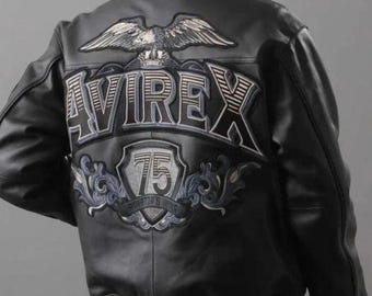 Men's Avirex Black Aviator's 75 Kings Bomber Real Cowhide Leather Flight Jacket