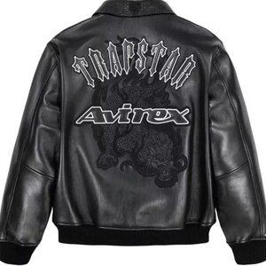 Men’s Avirex Trapstar Leather Jacket Black Graphic Back Patch Bomber Coat