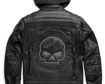 Herren Schädel Lederjacke Hoodie Rindsleder Biker Motorradfahren