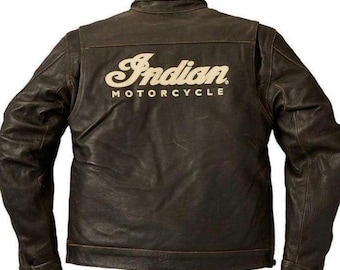 Men's Indian Brown Motorcycle Biker Rider Jacket Genuine Cowhide Leather Jacket
