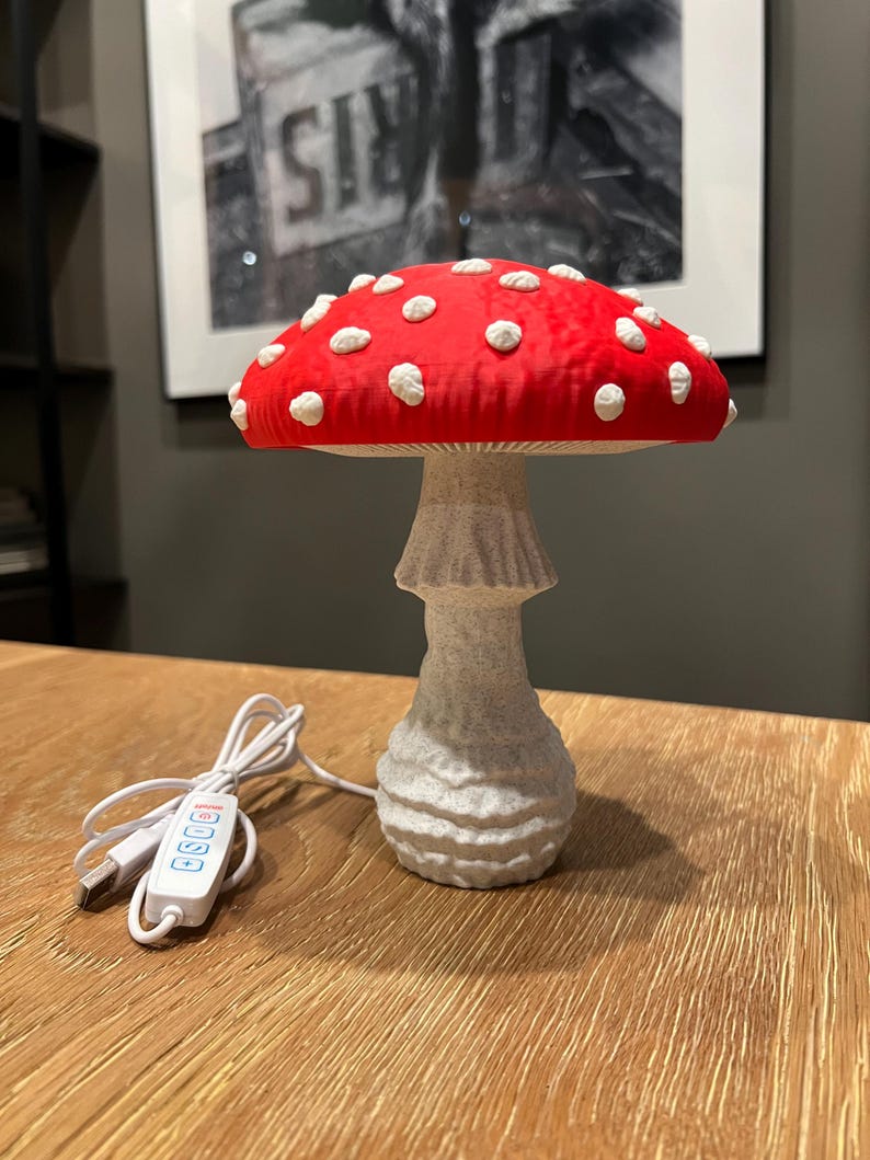 May include: A mushroom-shaped lamp with a bright red cap featuring raised white spots and a textured, off-white stalk. The lamp includes a white USB power cord with a small control panel featuring four buttons for adjusting light settings.