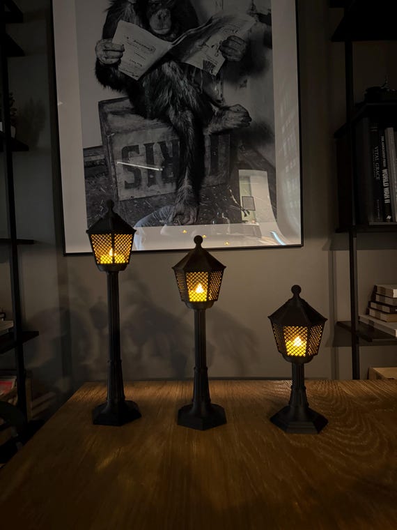 Victorian Street Lamp Tea Light Holder with Flickering LED Candles, Vintage Lamp Post Lantern, Dark Academia Bookshelf Decor, 3 Sizes