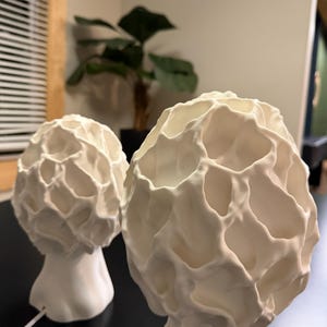 Puede incluir: Dos l&aacute;mparas de mesa blancas con un exterior texturizado, org&aacute;nico y similar a un panal. Cada l&aacute;mpara presenta una secci&oacute;n superior redondeada y bulbosa con hendiduras profundas e irregulares y una base lisa y c&oacute;nica.