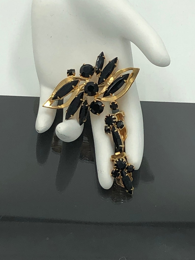 Vintage Black Rhinestone Brooch and Clip Earrings Gold Tone Set Demi Parure Set