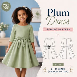 May include: A sewing pattern for a sage green dress with three-quarter sleeves, a round neckline, and a waist bow. The pattern includes technical line drawings of the front and back views, labeled Plum Dress, for sizes 2 to 16 years.