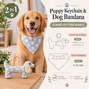 Puede incluir: Un paquete de patrones de costura 2 en 1 para un llavero de cachorro y un pañuelo para perro. El llavero azul claro con margaritas blancas y orejas de cuadros amarillos mide 5 cm de largo y 10 cm de ancho. El pañuelo tiene un estampado igual.