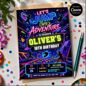 Convite de aniversário com tema de parque de trampolins, convite para festa de pula-pula, modelo editável do Canva, convite digital de aniversário infantil, download digital instantâneo.
