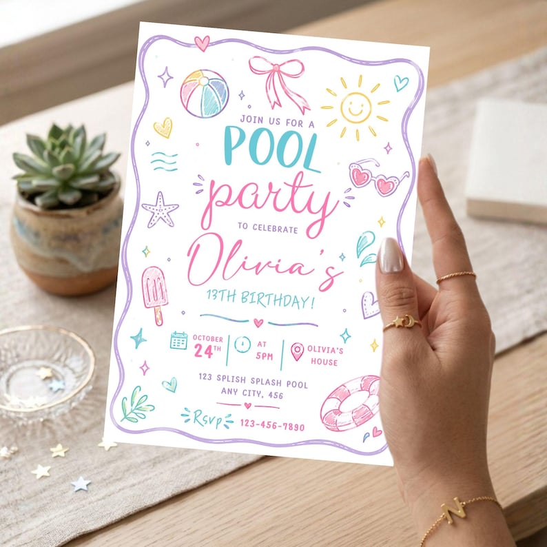 May include: A rectangular white invitation card for a pool party with hand-drawn illustrations of a beach ball, sun, sunglasses, and popsicle. The text reads: Join us for a pool party to celebrate Olivia's 13th birthday, October 24th at 5pm.
