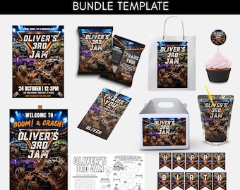 Monster Truck Party Bundle Template, Monster Truck Birthday Invitation, Editable Canva Template, Truck Party Invite, Digital Download B128