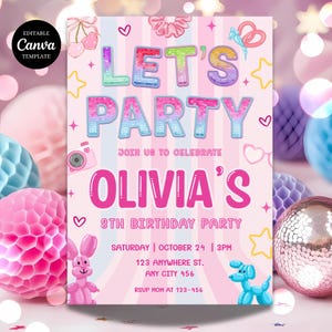 Op de afbeelding: Roze pastel feestuitnodiging met de tekst "LET'S PARTY" en "OLIVIA'S 8TH BIRTHDAY PARTY". Bevat een camera, harten, sterren en ballon dieren. De uitnodiging is een Canva-sjabloon.