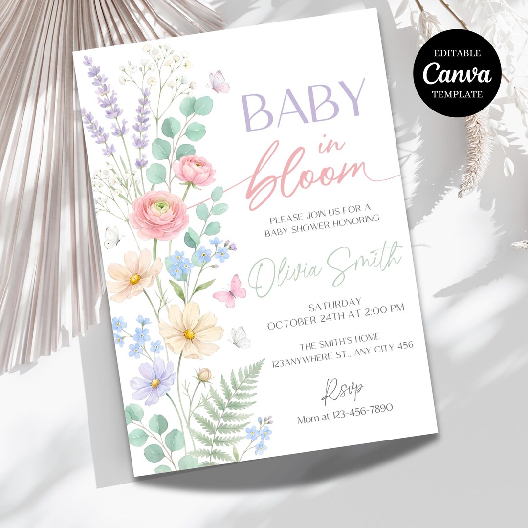 Spring Invitations Bloom Editable Baby in Bloom Baby Shower Invitation, Wildflower Baby Shower ...