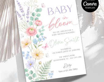 Baby in Bloom Invitation, Wildflower Baby Shower, Pink Spring Flowers (Canva Template)