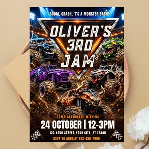 May include: A rectangular party invitation featuring four monster trucks in a stadium setting. Text reads: BOOM, CRASH, IT'S A MONSTER BASH! OLIVER'S 3RD JAM, 24 OCTOBER | 12-3PM, 123 YOUR STREET, YOUR CITY, ST 12345, RSVP TO ANNA AT 123-456-7890.