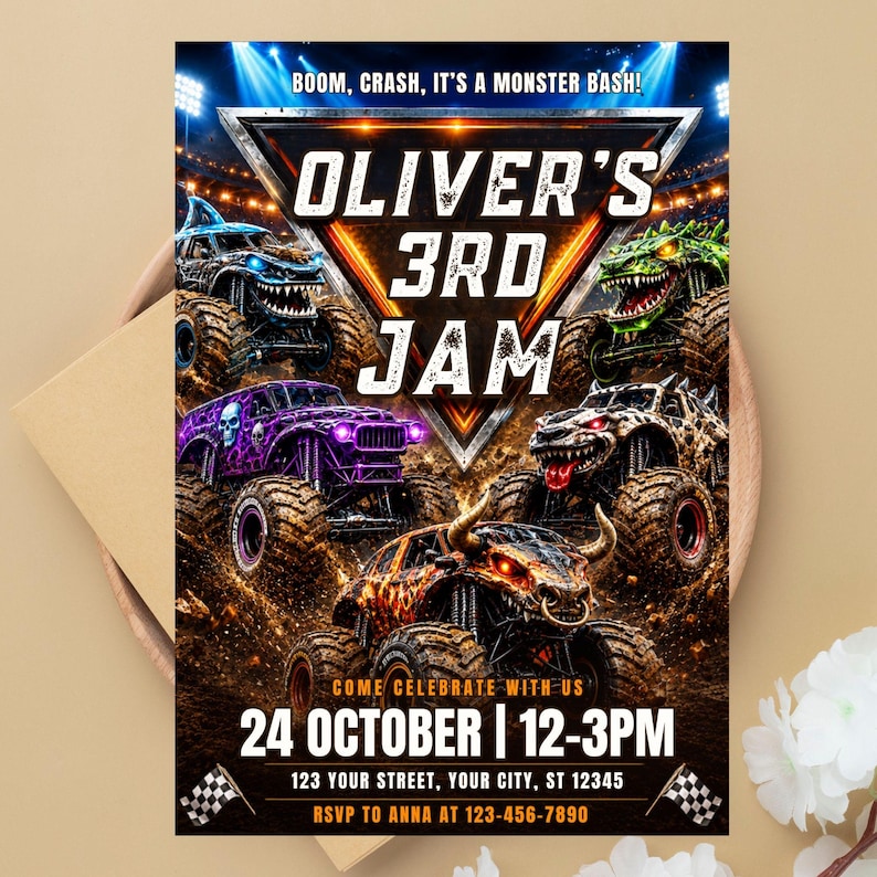 May include: A rectangular party invitation featuring four monster trucks in a stadium setting. Text reads: BOOM, CRASH, IT'S A MONSTER BASH! OLIVER'S 3RD JAM, 24 OCTOBER | 12-3PM, 123 YOUR STREET, YOUR CITY, ST 12345, RSVP TO ANNA AT 123-456-7890.