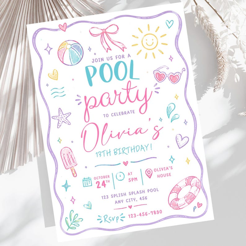 May include: A white rectangular invitation card for a pool party with a purple wavy border. The text reads: JOIN US FOR A POOL party TO CELEBRATE Olivia's 13TH BIRTHDAY! OCTOBER 24TH AT 5PM, OLIVIA'S HOUSE, 123 SPLISH SPLASH POOL ANY CITY, 456, RSVP 123-456-7890.