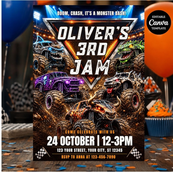 Monster Truck Birthday Invitation Editable Template, Monster Jam Invite, Truck Party Invite, Boy Birthday Invitation Digital Download B128
