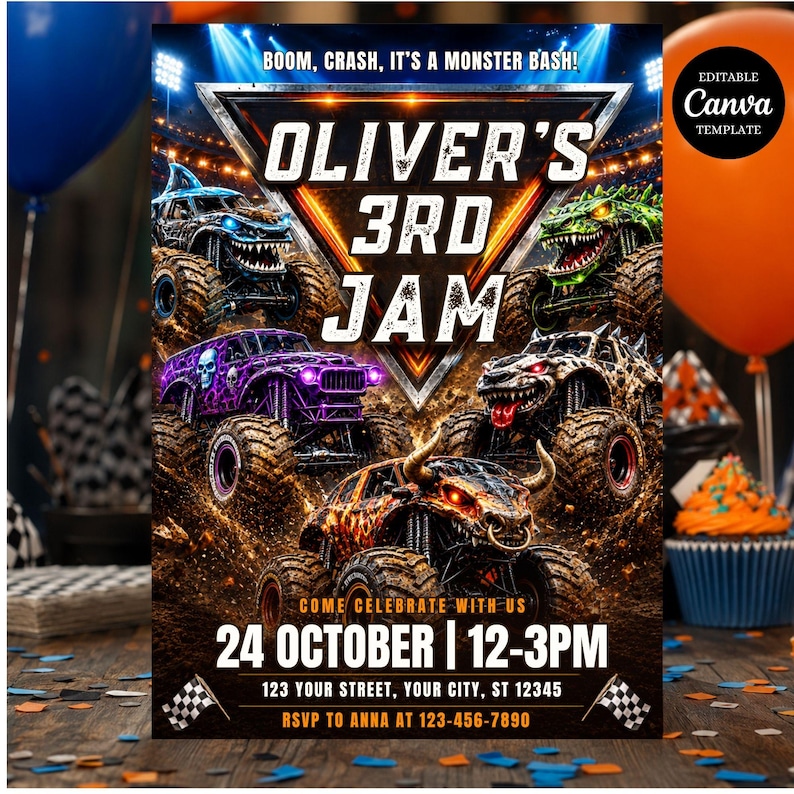 May include: A monster truck birthday party invitation featuring the text BOOM, CRASH, IT'S A MONSTER BASH! OLIVER'S 3RD JAM. The design includes five monster trucks on a dirt track, event date 24 OCTOBER, time 12-3PM, and placeholder address details.