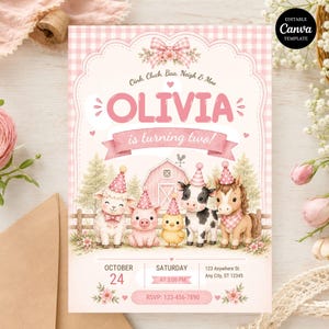 May include: A pink gingham birthday invitation featuring a watercolor farm scene with a lamb, pig, chick, cow, and horse wearing party hats. The text reads Olivia is turning two, Oink, Cluck, Baa, Neigh & Moo, October 24, Saturday at 3:00 PM, 123 Anywhere St, Any City, ST 12345, and RSVP: 123-456-7890.