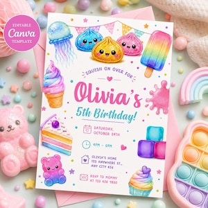 May include: A birthday invitation template featuring colorful illustrations of a jellyfish, dumplings, a popsicle, ice cream, cake, a gummy bear, and a cupcake. The text reads: SQUISH ON OVER FOR Olivia's 5th Birthday, Saturday, October 24th, 4PM-6PM.