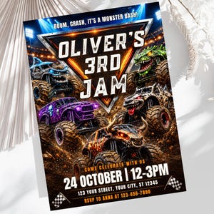 May include: A rectangular party invitation featuring four monster trucks in a stadium setting. Text reads: BOOM, CRASH, IT'S A MONSTER BASH! OLIVER'S 3RD JAM. COME CELEBRATE WITH US 24 OCTOBER | 12-3PM, 123 YOUR STREET, YOUR CITY, ST 12345, RSVP TO ANNA AT 123-456-7890.