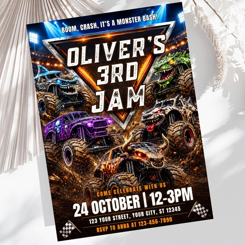 May include: A rectangular party invitation featuring four monster trucks in a stadium setting. Text reads: BOOM, CRASH, IT'S A MONSTER BASH! OLIVER'S 3RD JAM. COME CELEBRATE WITH US 24 OCTOBER | 12-3PM, 123 YOUR STREET, YOUR CITY, ST 12345, RSVP TO ANNA AT 123-456-7890.