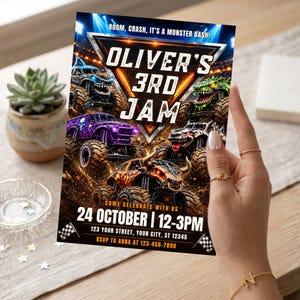 May include: A rectangular party invitation card featuring four monster trucks on a dirt track with the text: BOOM, CRASH, IT'S A MONSTER BASH! OLIVER'S 3RD JAM. COME CELEBRATE WITH US 24 OCTOBER | 12-3PM 123 YOUR STREET, YOUR CITY, ST 12345 RSVP TO ANNA AT 123-456-7890.