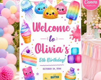 Squishy Birthday Welcome Sign, Sensory Birthday Party Sign, Squishy Party Decor, Kids Birthday Welcome Poster, Editable Canva Template