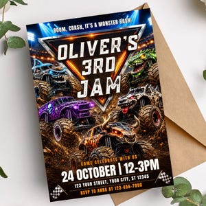 May include: A rectangular invitation card featuring monster trucks and the text BOOM, CRASH, IT'S A MONSTER BASH! OLIVER'S 3RD JAM. The card includes event details: 24 OCTOBER | 12-3PM, 123 YOUR STREET, YOUR CITY, ST 12345, and RSVP TO ANNA AT 123-456-7890.