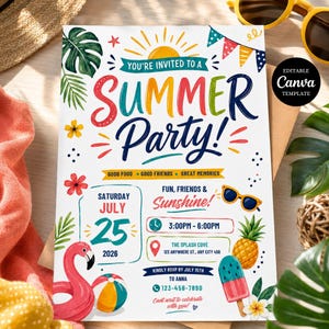 Könnte beinhalten: Eine Sommerparty-Einladungskarte mit buntem Text und Illustrationen von Flamingo, Strandball, Ananas und Eis am Stiel. Der Text lautet: You're invited to a Summer Party, Saturday July 25 2026, 3:00PM-6:00PM, The Splash Cove.