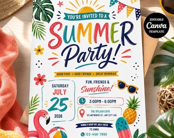 Summer party Invite Template, Printable Block Party Flyer, Schools Out Pool Party Evite, Barbeque Family Celebration, Canva Editable