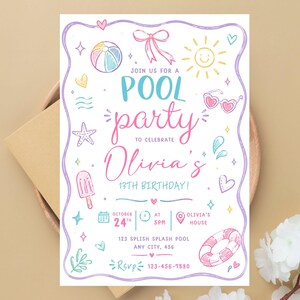 May include: A white rectangular invitation card with a purple wavy border featuring colorful hand-drawn summer icons like a beach ball, sun, popsicle, and life preserver. The text reads: JOIN US FOR A POOL party TO CELEBRATE Olivia's 13TH BIRTHDAY!