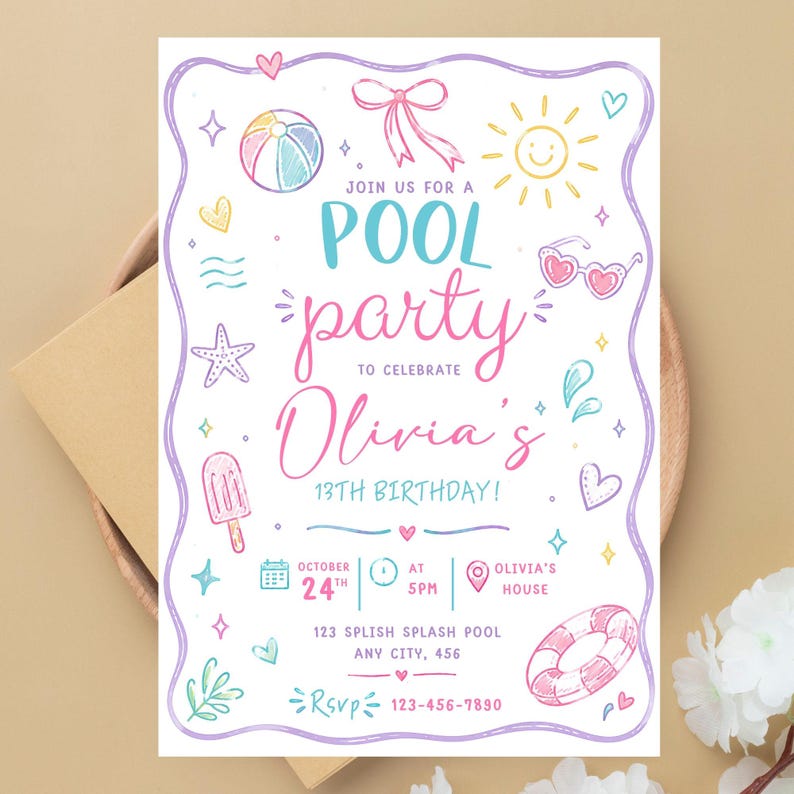 May include: A white rectangular invitation card with a purple wavy border featuring colorful hand-drawn summer icons like a beach ball, sun, popsicle, and life preserver. The text reads: JOIN US FOR A POOL party TO CELEBRATE Olivia's 13TH BIRTHDAY!