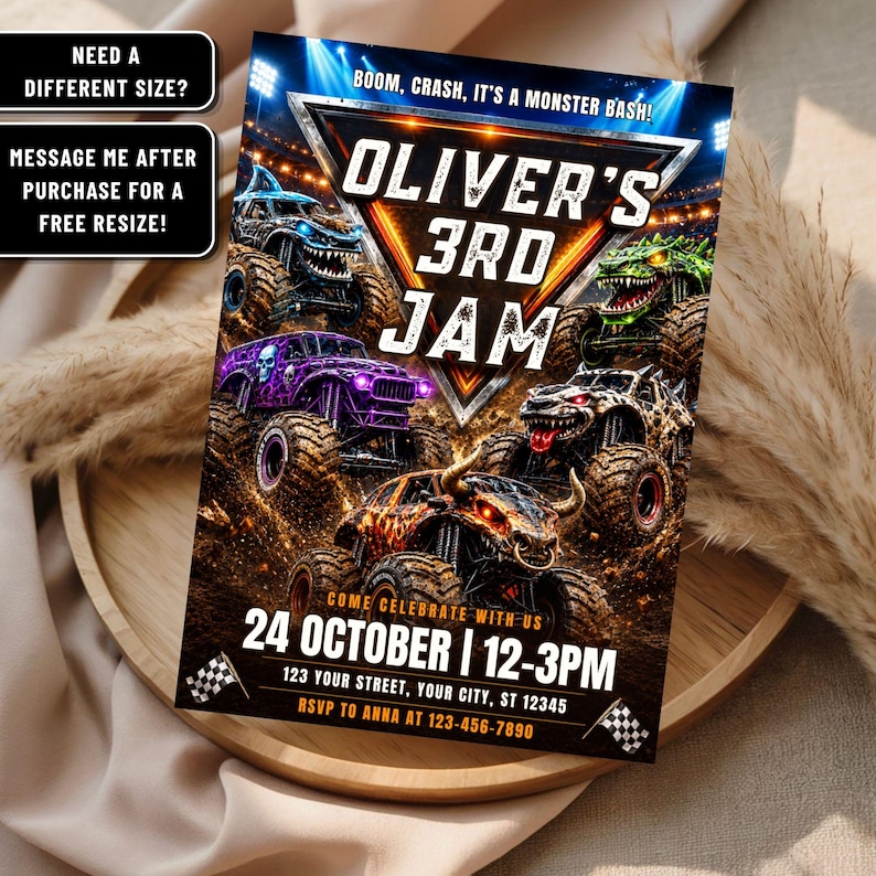 Monster Truck Birthday Invitation Editable Template, Monster Jam Invite, Truck Party Invite, Boy Birthday Invitation Digital Download B128 image 3