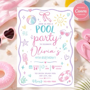 May include: A rectangular pool party invitation template with a wavy purple border. The text reads: JOIN US FOR A POOL party TO CELEBRATE Olivia's 13TH BIRTHDAY! OCTOBER 24TH AT 5PM, OLIVIA'S HOUSE, 123 SPLISH SPLASH POOL, ANY CITY, 456. RSVP 123-456-7890.