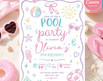 May include: A rectangular pool party invitation template with a wavy purple border. The text reads: JOIN US FOR A POOL party TO CELEBRATE Olivia's 13TH BIRTHDAY! OCTOBER 24TH AT 5PM, OLIVIA'S HOUSE, 123 SPLISH SPLASH POOL, ANY CITY, 456. RSVP 123-456-7890.