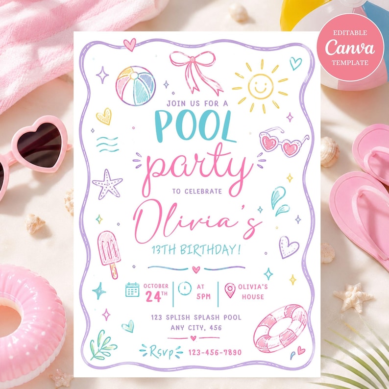 May include: A rectangular pool party invitation template with a wavy purple border. The text reads: JOIN US FOR A POOL party TO CELEBRATE Olivia's 13TH BIRTHDAY! OCTOBER 24TH AT 5PM, OLIVIA'S HOUSE, 123 SPLISH SPLASH POOL, ANY CITY, 456. RSVP 123-456-7890.
