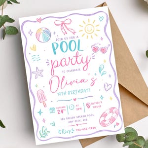 May include: A white rectangular invitation card with a purple wavy border featuring colorful hand-drawn summer icons like a beach ball, sun, and popsicle. The text reads: JOIN US FOR A POOL PARTY TO CELEBRATE Olivia's 13TH BIRTHDAY! OCTOBER 24TH AT 5PM.