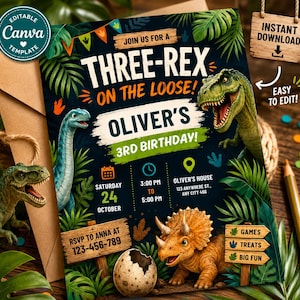 May include: A birthday invitation template featuring a dark background with green tropical leaves, a T-Rex, a triceratops, and a long-necked dinosaur. The text reads: JOIN US FOR A THREE-REX ON THE LOOSE! OLIVER'S 3RD BIRTHDAY! SATURDAY 24 OCTOBER, 3:00 PM TO 5:00 PM.