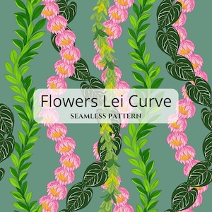 Puede incluir: Un patrón continuo con líneas verticales onduladas de flores rosas y follaje verde sobre un fondo verde salvia. El texto "Flowers Lei Curve SEAMLESS PATTERN" aparece centrado en un recuadro rectangular blanco sobre el diseño.