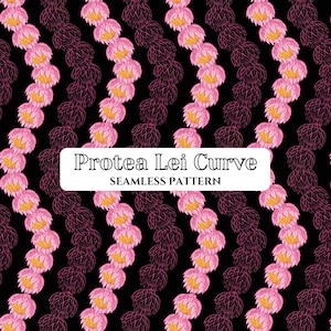 Puede incluir: Un patrón sin costuras que presenta líneas verticales onduladas de flores de protea rosas y amarillas sobre un fondo negro. Una etiqueta rectangular blanca en el centro muestra el texto negro Protea Lei Curve y SEAMLESS PATTERN.