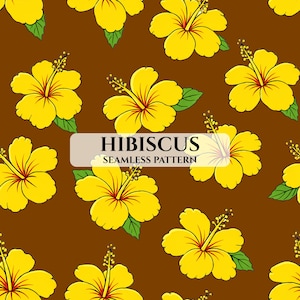 Op de afbeelding: Een naadloos patroon met gele hibiscusbloemen met rode centra en groene bladeren op een bruine achtergrond. De tekst "HIBISCUS SEAMLESS PATTERN" wordt weergegeven in een witte rechthoek.