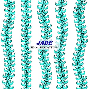 May include: A seamless pattern with vertical rows of turquoise, curved, leaf-like shapes on a white background. The word "JADE" is in blue, with "SEAMLESS PATTERN" below it. The design is a repeating floral pattern.