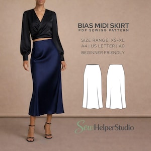 Puede incluir: Una mujer con un top cruzado negro y una falda midi sesgada azul marino. La imagen incluye un patrón de costura PDF con el texto "BIAS MIDI SKIRT" y rango de tallas "XS-XL". El patrón es apto para principiantes.