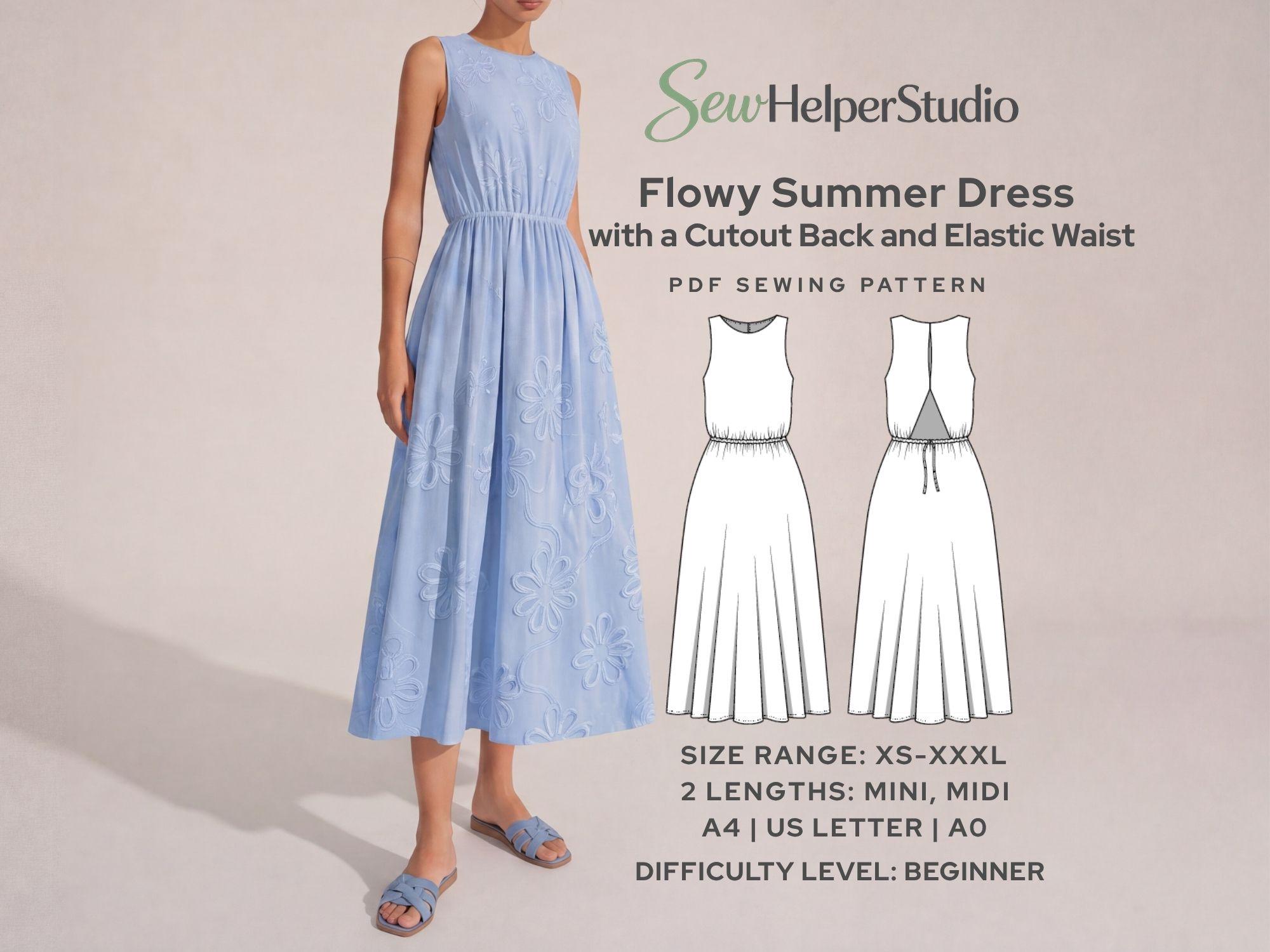 flowy summer dress pattern Sewing | Cutout Back Midi & Mini Dress | Elastic Waist Dress | Beginner Friendly | Digital Pattern PDF L XS-XXXL Fall Floral