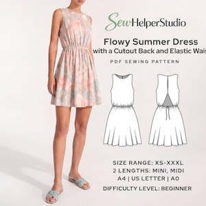 May include: A floral-print summer dress with a cutout back and elastic waist, shown on a model. The dress is sleeveless and available in sizes XS-XXXL. The image also includes a line drawing of the dress and the text "Flowy Summer Dress".