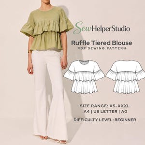 Ruffle Tiered Blouse Sewing Pattern | Short Sleeve Peplum Top | Flowy Summer Women Blouse | XS–XXXL | Beginner Friendly | Digital PDF